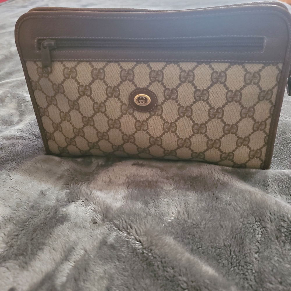 Gucci Brown Clutch with Iconic Monogram and Leather Trim